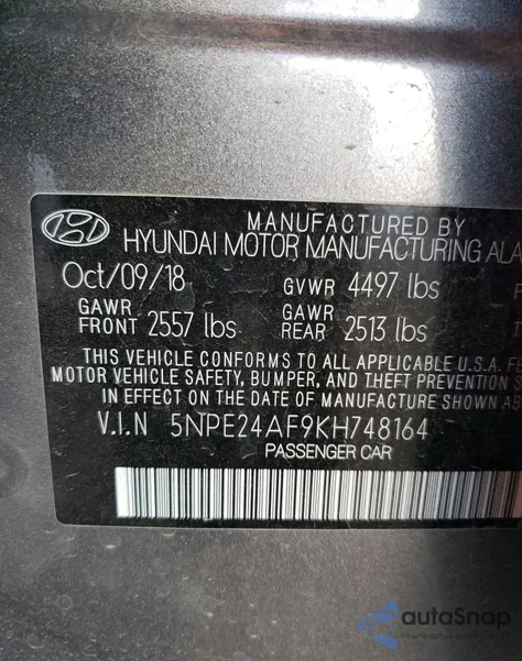 2019 Hyundai Sonata Se z USA, uszkodzony, nr VIN 5NPE24AF9KH748164